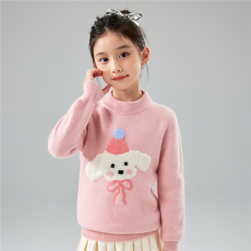 Pulover pentru copii din lână 100% cu jacquard temă desen animat, tricot gros, guler rotund, mâneci lungi