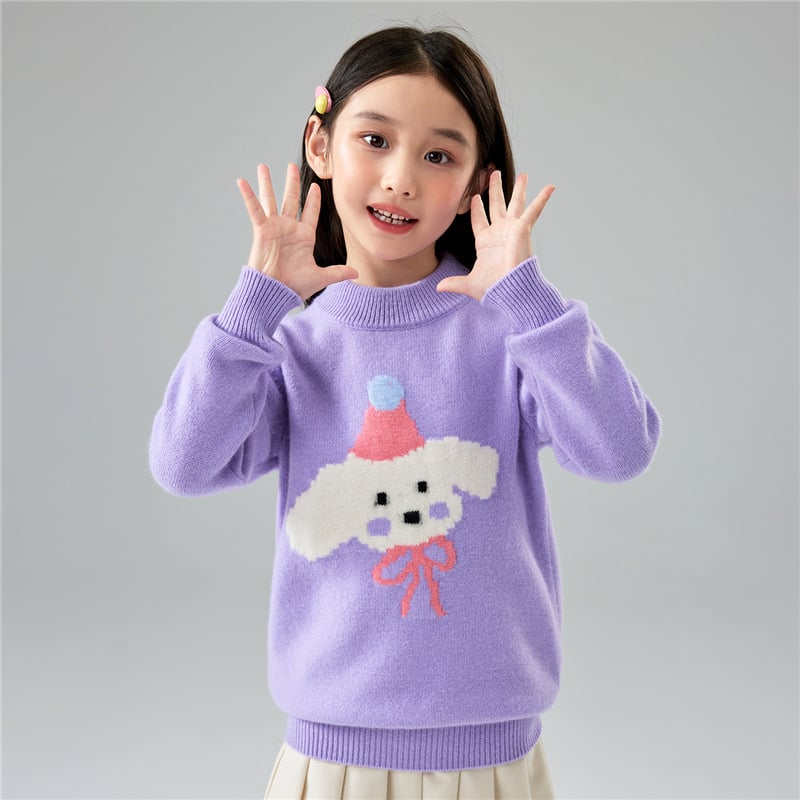 Pulover pentru copii din lână 100% cu jacquard temă desen animat, tricot gros, guler rotund, mâneci lungi