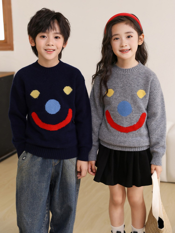 Pulover din lână pentru copii, 100% lână, guler rotund, mâneci lungi, model zâmbet, pentru copii între 3 și 8 ani