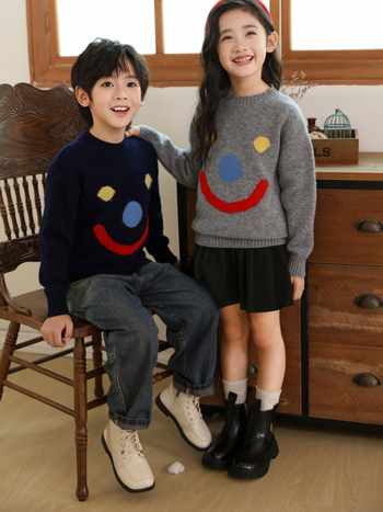 Pulover din lână pentru copii, 100% lână, guler rotund, mâneci lungi, model zâmbet, pentru copii între 3 și 8 ani
