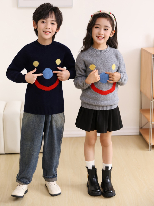 Pulover din lână pentru copii, 100% lână, guler rotund, mâneci lungi, model zâmbet, pentru copii între 3 și 8 ani