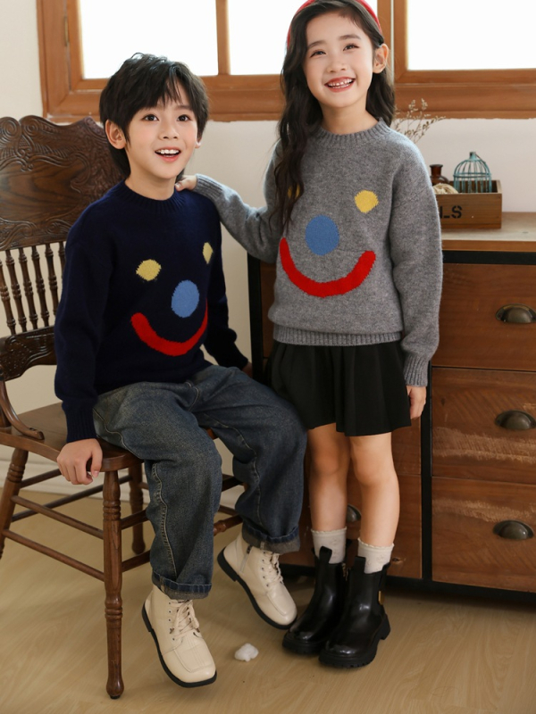 Pulover din lână pentru copii, 100% lână, guler rotund, mâneci lungi, model zâmbet, pentru copii între 3 și 8 ani