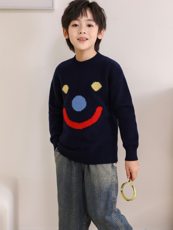 Pulover din lână pentru copii, 100% lână, guler rotund, mâneci lungi, model zâmbet, pentru copii între 3 și 8 ani