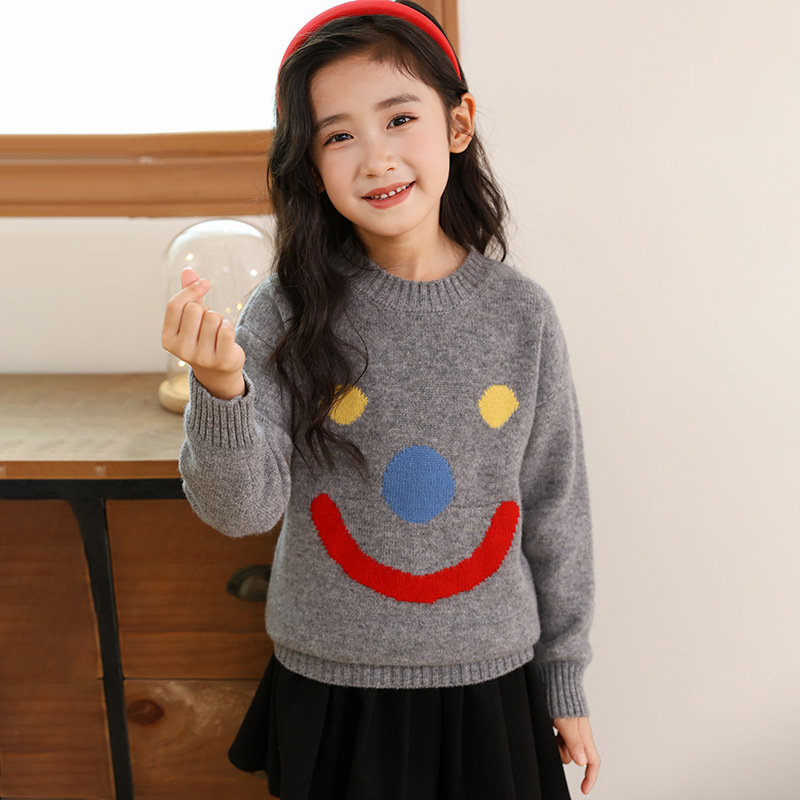 Pulover din lână pentru copii, 100% lână, guler rotund, mâneci lungi, model zâmbet, pentru copii între 3 și 8 ani