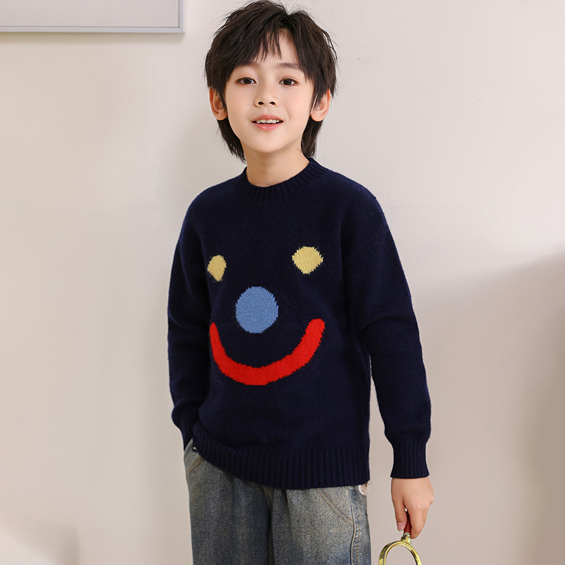 Pulover din lână pentru copii, 100% lână, guler rotund, mâneci lungi, model zâmbet, pentru copii între 3 și 8 ani