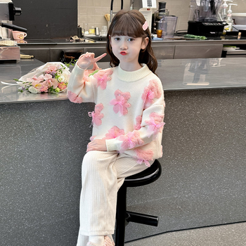 Pulover tricotat gros pentru copii, iarnă, stil dulce, mâneci lungi, guler rotund; material principal: alpaca; 100% poliester