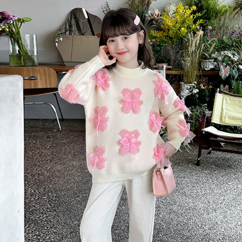 Pulover tricotat gros pentru copii, iarnă, stil dulce, mâneci lungi, guler rotund; material principal: alpaca; 100% poliester