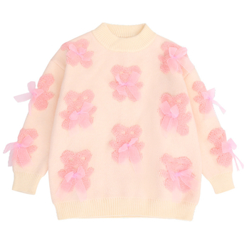 Pulover tricotat gros pentru copii, iarnă, stil dulce, mâneci lungi, guler rotund; material principal: alpaca; 100% poliester