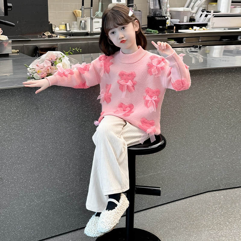 Pulover tricotat gros pentru copii, iarnă, stil dulce, mâneci lungi, guler rotund; material principal: alpaca; 100% poliester