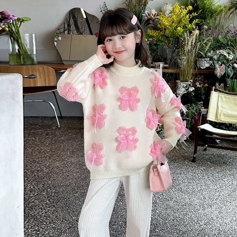 Pulover tricotat gros pentru copii, iarnă, stil dulce, mâneci lungi, guler rotund; material principal: alpaca; 100% poliester