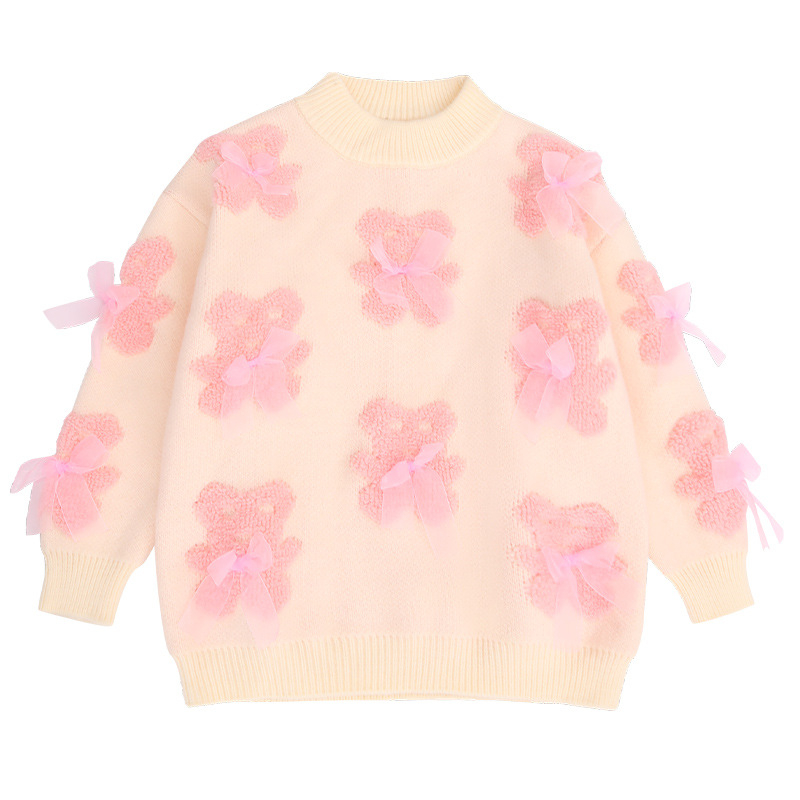 Pulover tricotat gros pentru copii, iarnă, stil dulce, mâneci lungi, guler rotund; material principal: alpaca; 100% poliester