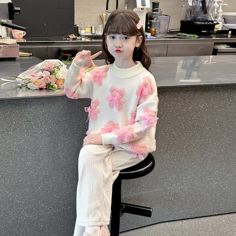 Pulover tricotat gros pentru copii, iarnă, stil dulce, mâneci lungi, guler rotund; material principal: alpaca; 100% poliester