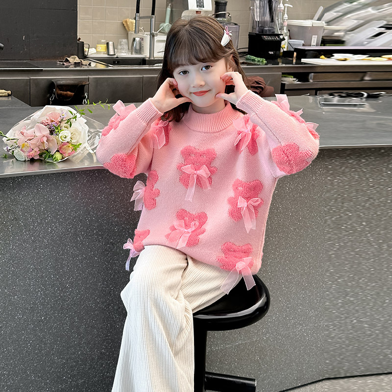 Pulover tricotat gros pentru copii, iarnă, stil dulce, mâneci lungi, guler rotund; material principal: alpaca; 100% poliester