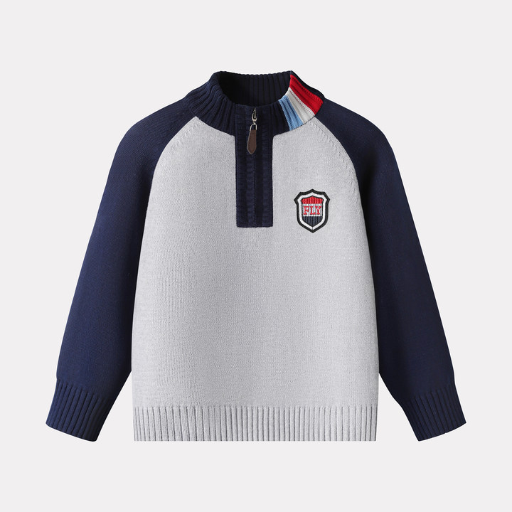 Pulover cu fermoar pentru băieți, tricot din bumbac, 100% bumbac; mâneci lungi; pentru copii peste 8 ani; primăvară/toamnă