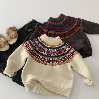 Dječji pleteni džemper - unisex, Fair Isle uzorak, korejski stil, okrugli ovratnik, pulover preko glave, akril 45%, zima, uzrast 3–8 godina