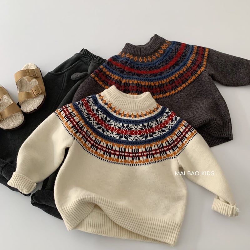 Dječji pleteni džemper - unisex, Fair Isle uzorak, korejski stil, okrugli ovratnik, pulover preko glave, akril 45%, zima, uzrast 3–8 godina