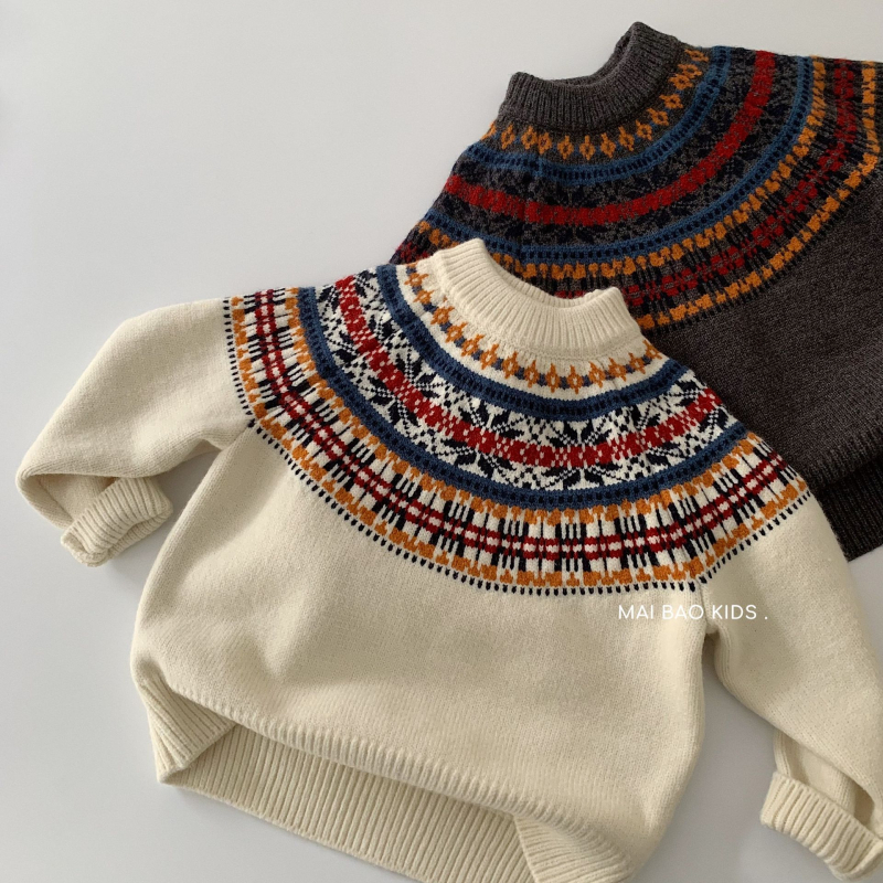 Dječji pleteni džemper - unisex, Fair Isle uzorak, korejski stil, okrugli ovratnik, pulover preko glave, akril 45%, zima, uzrast 3–8 godina