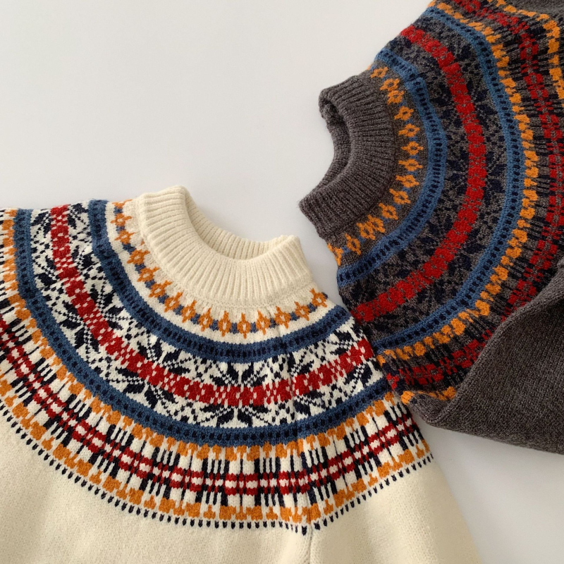 Dječji pleteni džemper - unisex, Fair Isle uzorak, korejski stil, okrugli ovratnik, pulover preko glave, akril 45%, zima, uzrast 3–8 godina