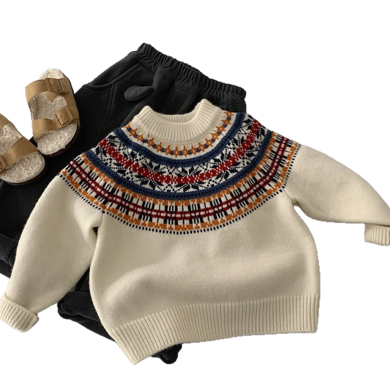 Dječji pleteni džemper - unisex, Fair Isle uzorak, korejski stil, okrugli ovratnik, pulover preko glave, akril 45%, zima, uzrast 3–8 godina