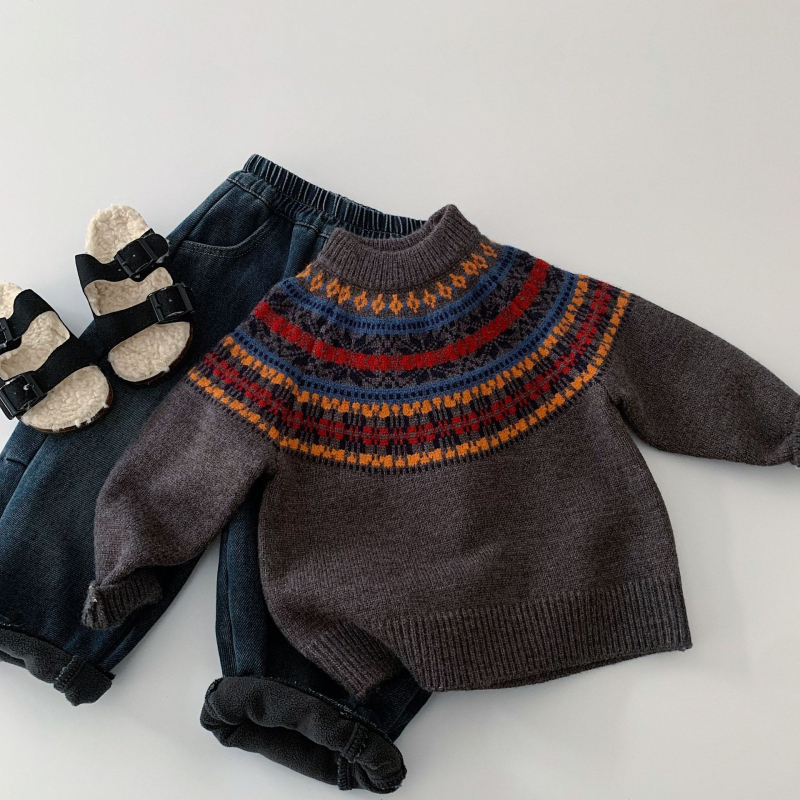 Dječji pleteni džemper - unisex, Fair Isle uzorak, korejski stil, okrugli ovratnik, pulover preko glave, akril 45%, zima, uzrast 3–8 godina