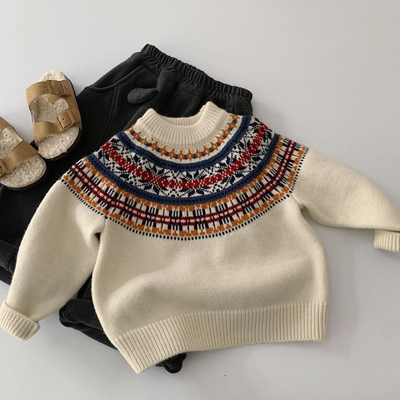 Dječji pleteni džemper - unisex, Fair Isle uzorak, korejski stil, okrugli ovratnik, pulover preko glave, akril 45%, zima, uzrast 3–8 godina
