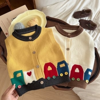Vesta tricotată pentru copii – Primăvară și Toamnă 2025, Stil Coreean, Model Mașină Desen Animat, Fără mâneci, Pentru 1–3 ani