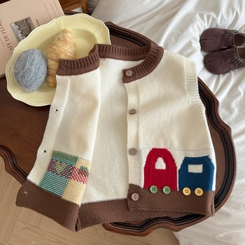 Vesta tricotată pentru copii – Primăvară și Toamnă 2025, Stil Coreean, Model Mașină Desen Animat, Fără mâneci, Pentru 1–3 ani