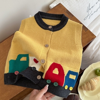 Vesta tricotată pentru copii – Primăvară și Toamnă 2025, Stil Coreean, Model Mașină Desen Animat, Fără mâneci, Pentru 1–3 ani