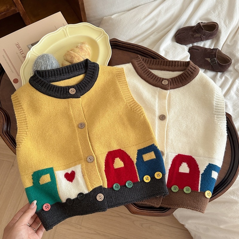 Vesta tricotată pentru copii – Primăvară și Toamnă 2025, Stil Coreean, Model Mașină Desen Animat, Fără mâneci, Pentru 1–3 ani