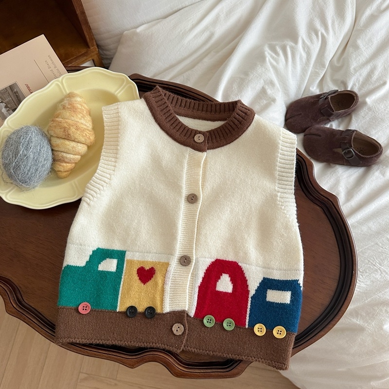 Vesta tricotată pentru copii – Primăvară și Toamnă 2025, Stil Coreean, Model Mașină Desen Animat, Fără mâneci, Pentru 1–3 ani