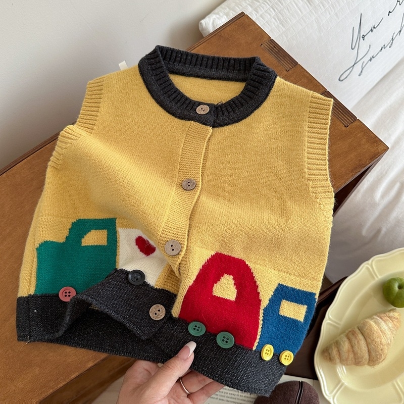 Vesta tricotată pentru copii – Primăvară și Toamnă 2025, Stil Coreean, Model Mașină Desen Animat, Fără mâneci, Pentru 1–3 ani