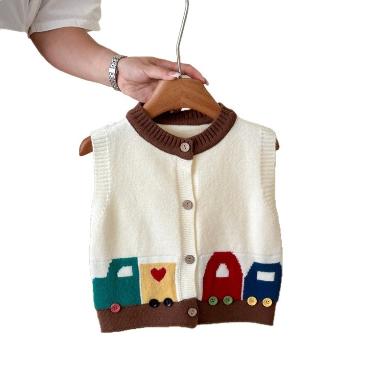 Vesta tricotată pentru copii – Primăvară și Toamnă 2025, Stil Coreean, Model Mașină Desen Animat, Fără mâneci, Pentru 1–3 ani