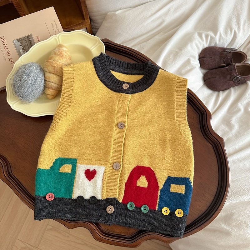 Vesta tricotată pentru copii – Primăvară și Toamnă 2025, Stil Coreean, Model Mașină Desen Animat, Fără mâneci, Pentru 1–3 ani