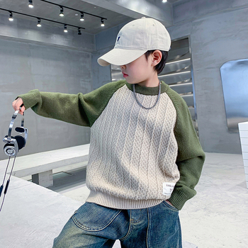 Pulover pentru copii, stil coreean, patchwork, guler înalt, tricot gros din acril, iarnă 2025