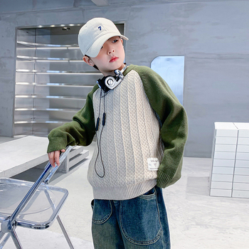 Pulover pentru copii, stil coreean, patchwork, guler înalt, tricot gros din acril, iarnă 2025