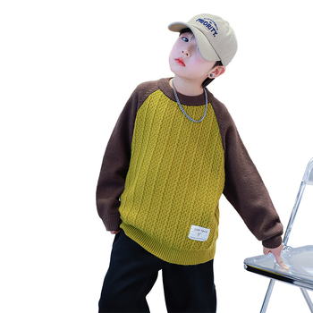 Pulover pentru copii, stil coreean, patchwork, guler înalt, tricot gros din acril, iarnă 2025