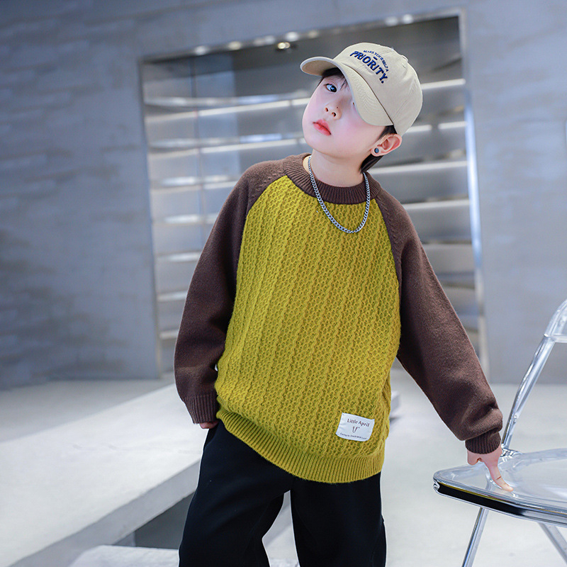 Pulover pentru copii, stil coreean, patchwork, guler înalt, tricot gros din acril, iarnă 2025