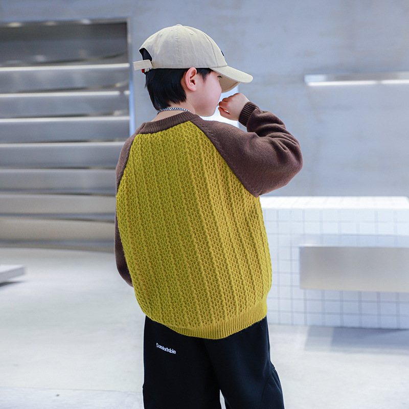 Pulover pentru copii, stil coreean, patchwork, guler înalt, tricot gros din acril, iarnă 2025