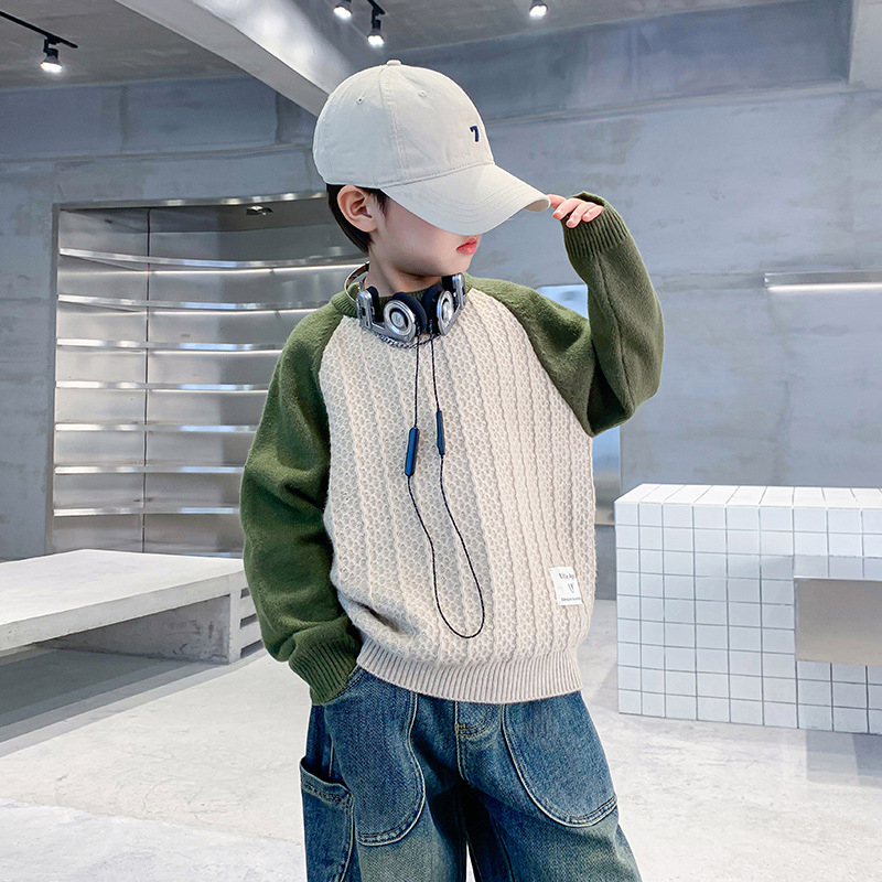 Pulover pentru copii, stil coreean, patchwork, guler înalt, tricot gros din acril, iarnă 2025