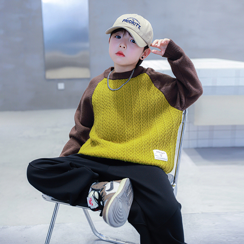 Pulover pentru copii, stil coreean, patchwork, guler înalt, tricot gros din acril, iarnă 2025