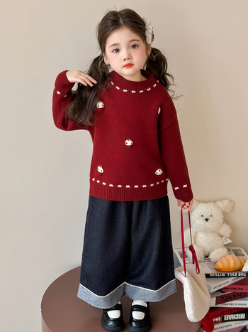 Pulover tricotat pentru fete – stil coreean, mâneci lungi, guler rotund, imprimeu cu desene animate, 50% acrilic