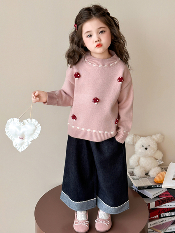 Pulover tricotat pentru fete – stil coreean, mâneci lungi, guler rotund, imprimeu cu desene animate, 50% acrilic