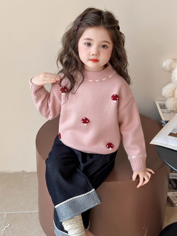 Pulover tricotat pentru fete – stil coreean, mâneci lungi, guler rotund, imprimeu cu desene animate, 50% acrilic