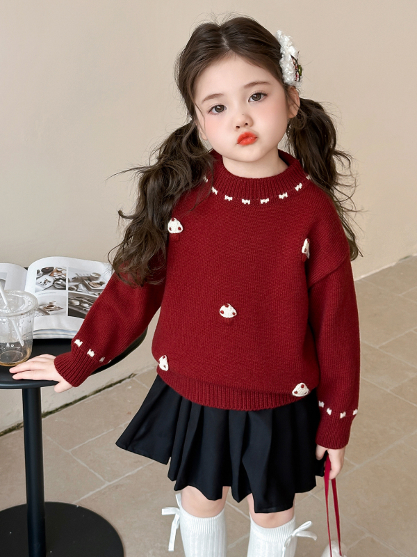 Pulover tricotat pentru fete – stil coreean, mâneci lungi, guler rotund, imprimeu cu desene animate, 50% acrilic