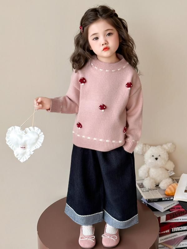 Pulover tricotat pentru fete – stil coreean, mâneci lungi, guler rotund, imprimeu cu desene animate, 50% acrilic