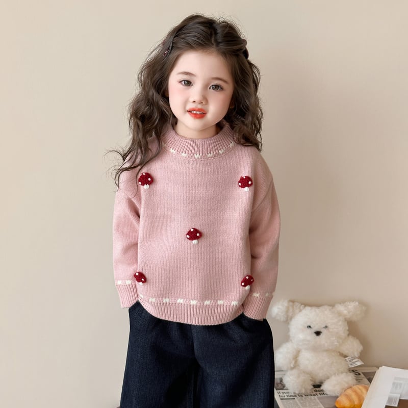 Pulover tricotat pentru fete – stil coreean, mâneci lungi, guler rotund, imprimeu cu desene animate, 50% acrilic