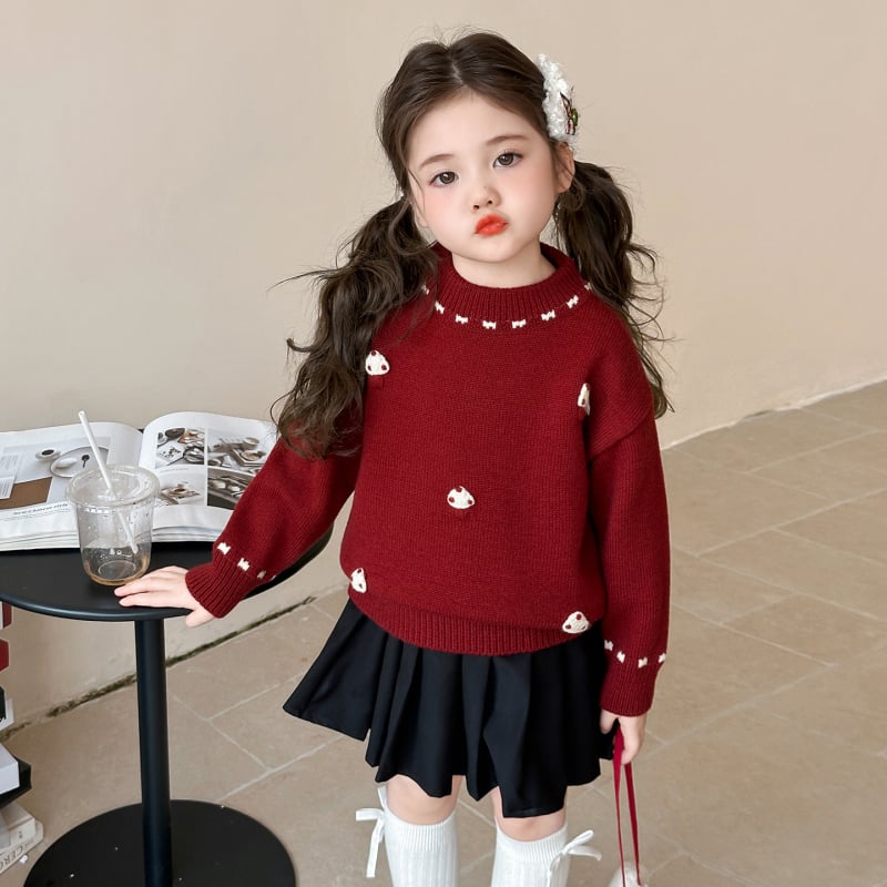 Pulover tricotat pentru fete – stil coreean, mâneci lungi, guler rotund, imprimeu cu desene animate, 50% acrilic