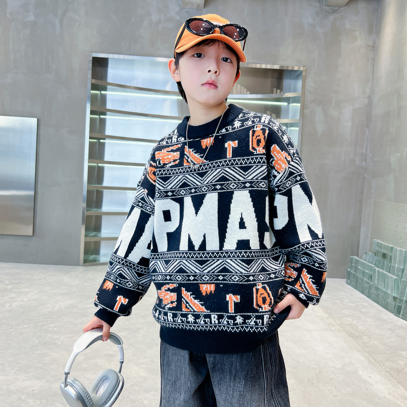 Pulover pentru copii în stil coreean, tricot gros, guler rotund, mâneci lungi, fibră acrilică, toamnă/iarnă 2025