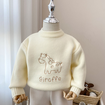 Pulover pentru fetițe din bumbac, căptușit cu fleece, guler rotund, mâneci lungi, stil de iarnă