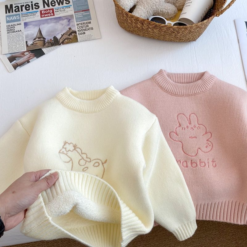 Pulover pentru fetițe din bumbac, căptușit cu fleece, guler rotund, mâneci lungi, stil de iarnă